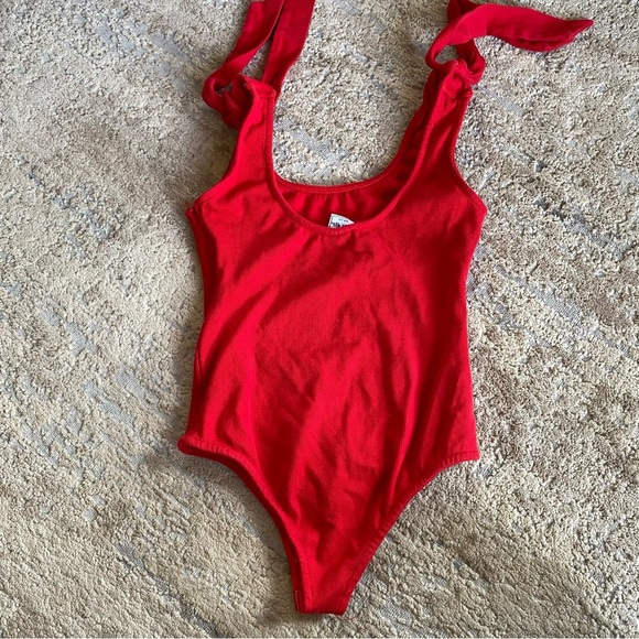 Angel Biba Ribbed Body Suit Tie Shoulder Straps Sleeveless Bright Red: Small - Picture 8 of 10